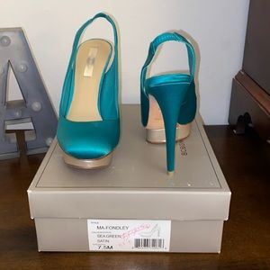 BCBG Sea Green Satin Ma Fondley Platform Heels